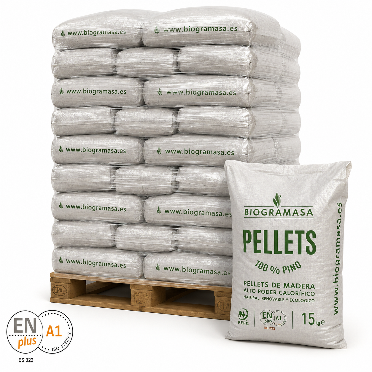 Paleta peletov Biogramasa v vrečah po 15 kg